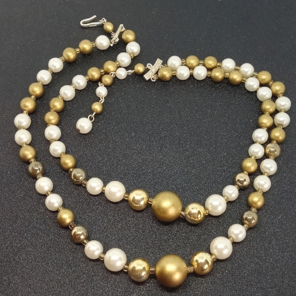 Vintage Japan 2 Strand Faux Pearl Gold Tone Bead Choker Necklace 15-17 18$